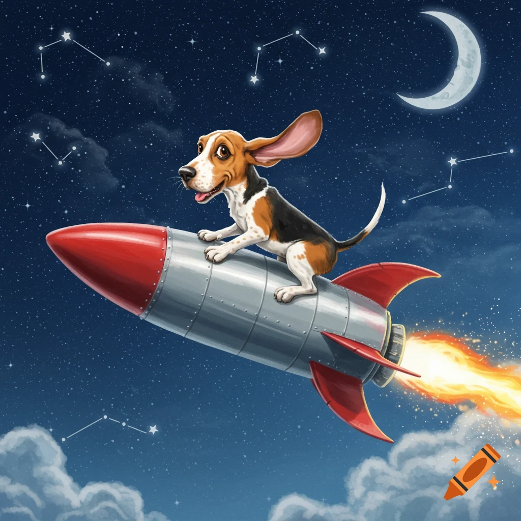 A cute, floppy-eared hound dog rides a rocket through the starry night sky with a crescent moon.