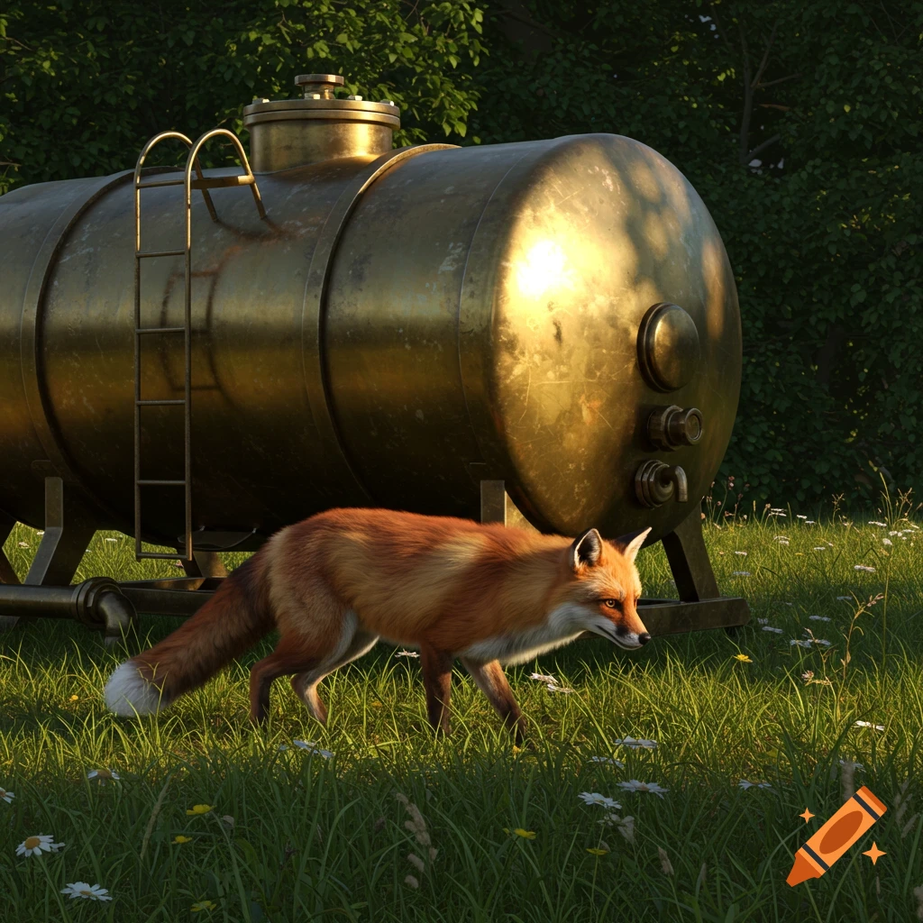 A photorealistic image of a fox walking in a grassy field with flowers, next to a large brass-colored tank.