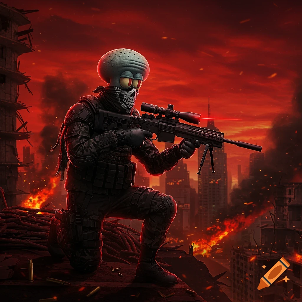 Squidward Tentacles as an elite sniper in a war-torn city under a red sky, aiming a futuristic rifle, in a dark, hyper-realistic style.