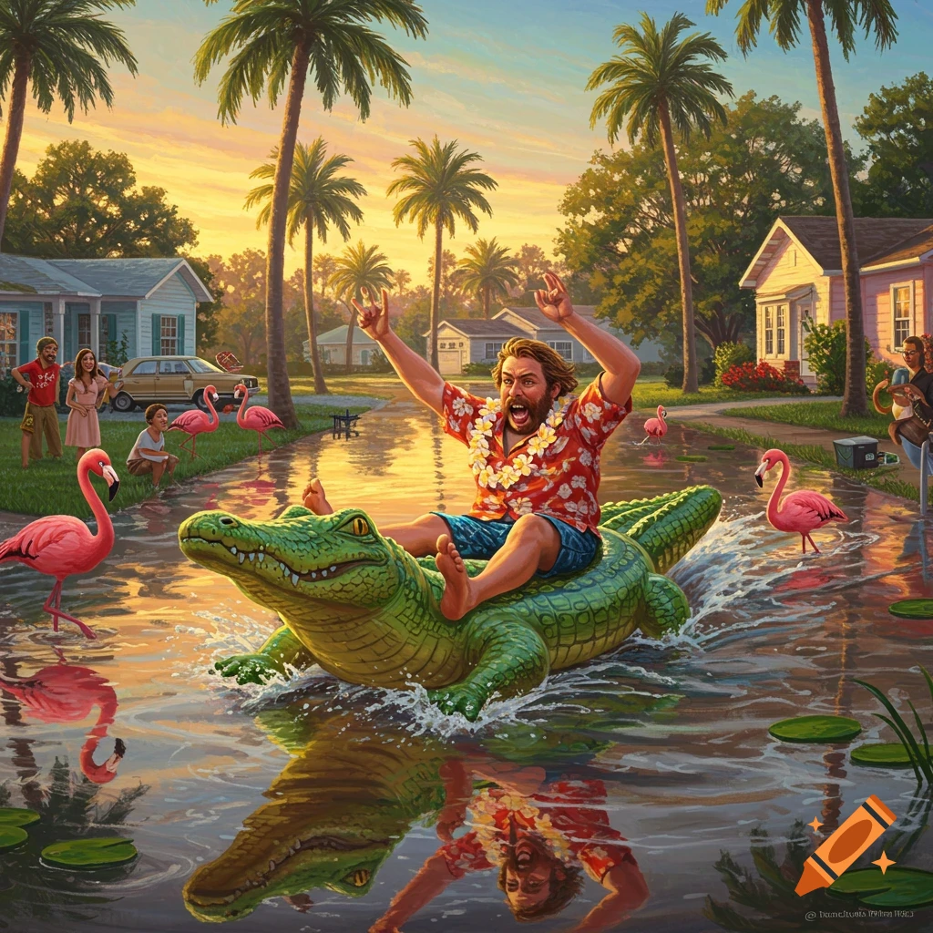 A man on an inflatable alligator floats down a flooded suburban street, surrounded by pink flamingos under a vibrant sunset.
