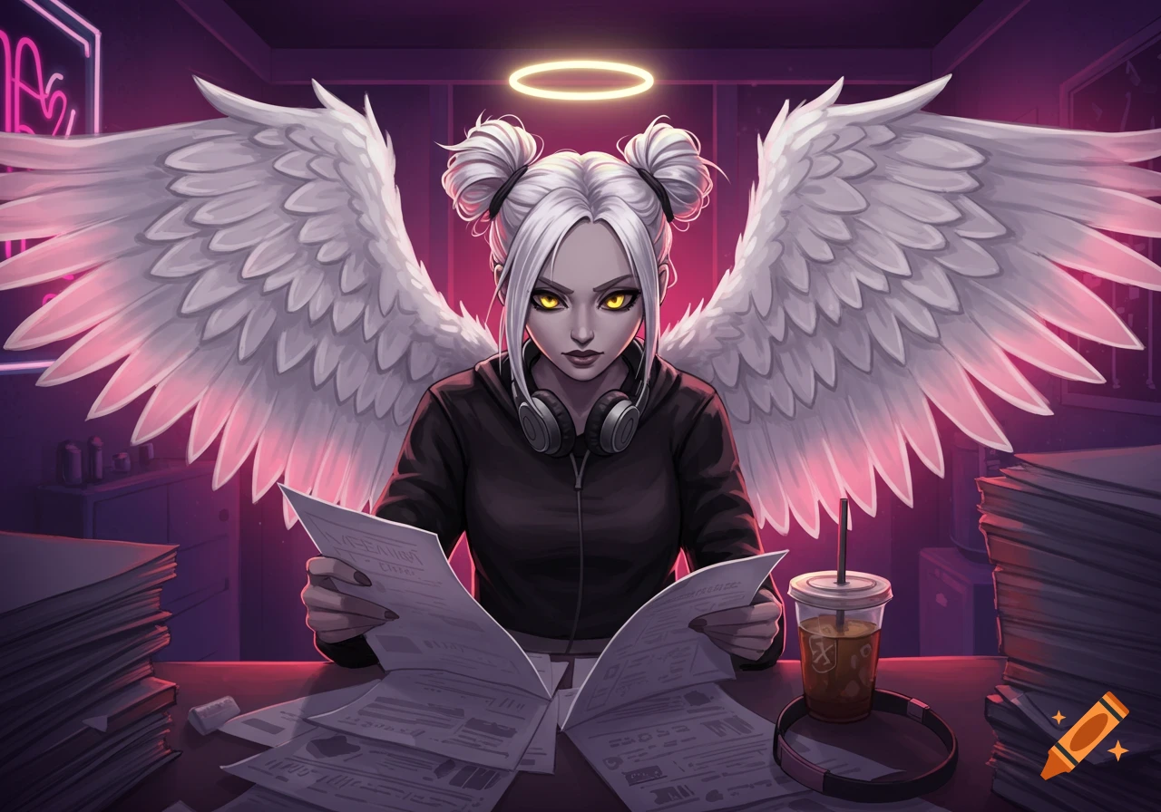 An anime-style angel with white hair and yellow eyes, wearing headphones, sits at a desk filled with papers, studying them with a serious expression.
