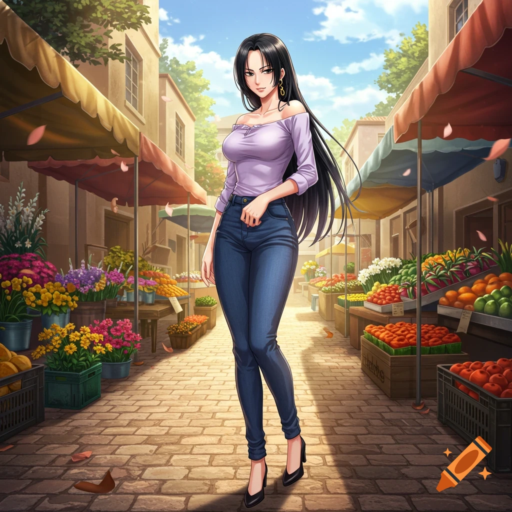 An anime woman with long black hair and a purple top stands in a bustling outdoor market with stalls full of flowers and produce.