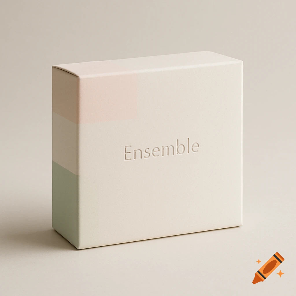 A minimalist, neutral-colored box with light pink and green accents and 'Ensemble' embossed on the front.