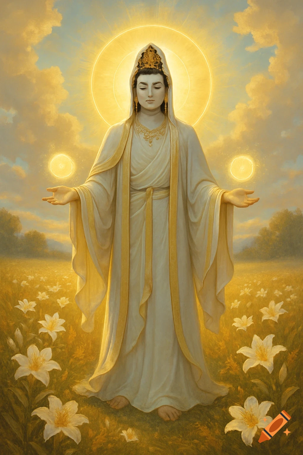A serene spiritual figure in white and gold robes stands in a field of white lilies, bathed in golden light and surrounded by a halo.