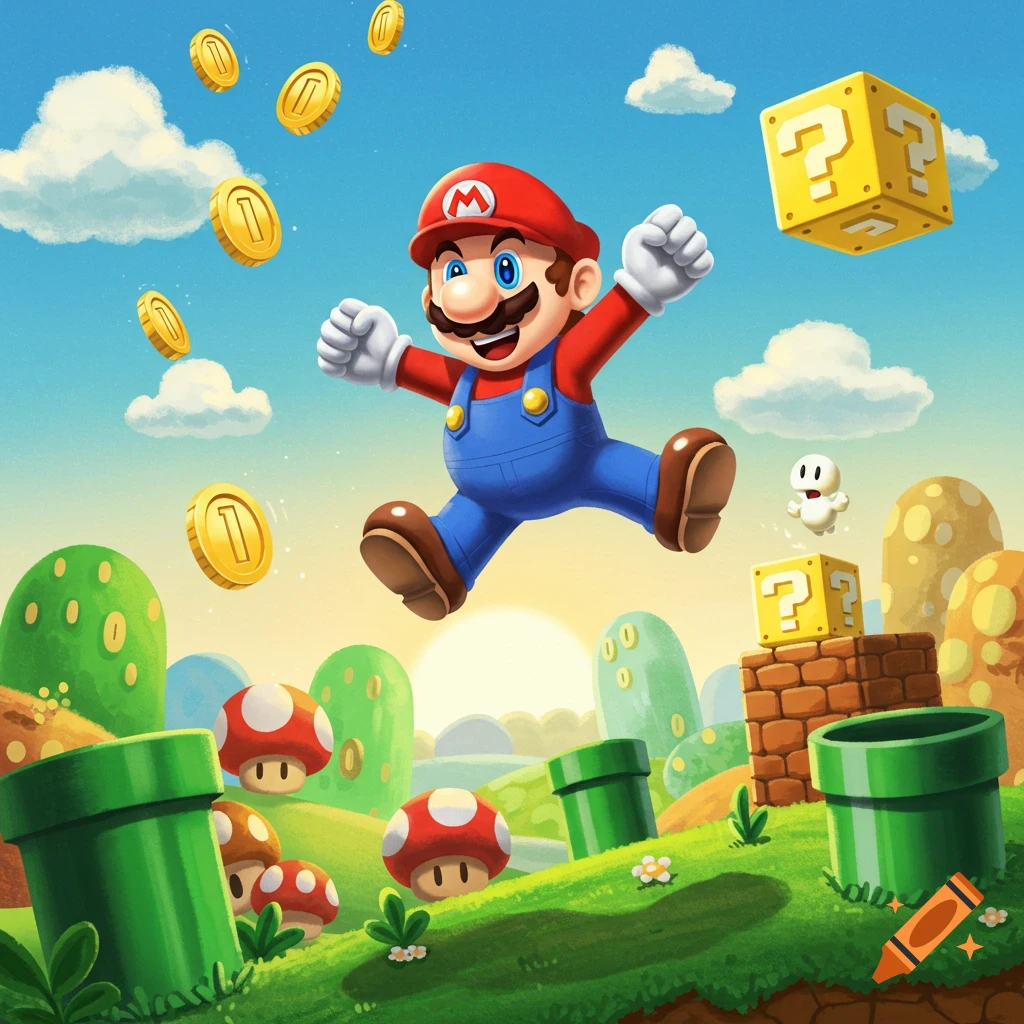 A vibrant, cartoon illustration of Mario jumping amidst coins, green pipes, and question blocks in a sunny, fantastical landscape.