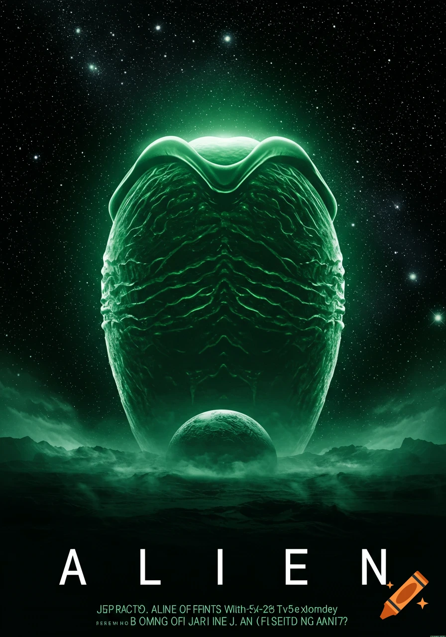 A green, glowing alien egg on a dark, misty alien planet under a starry green sky, with the word 'ALIEN' at the bottom.