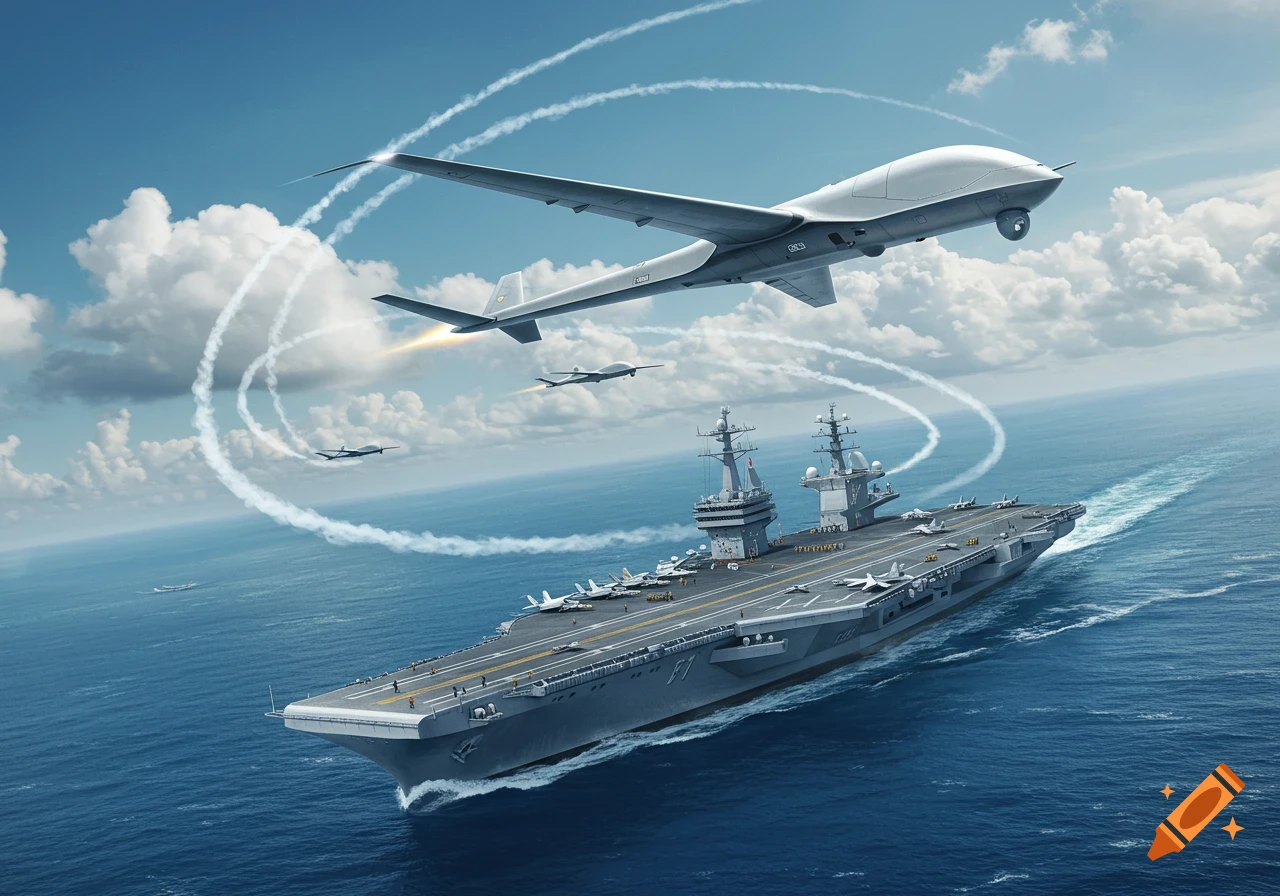 A large aircraft carrier sails on the ocean with several drones flying above it, leaving contrails in the sky.