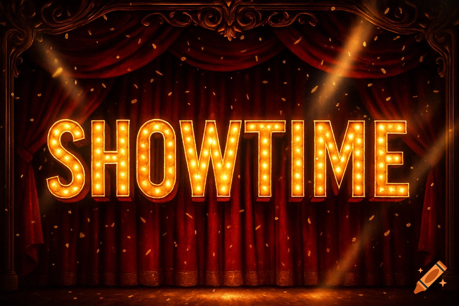 Bright marquee lights spell 'SHOWTIME' on a red velvet stage curtain with golden trim, illuminated by spotlights and falling confetti.