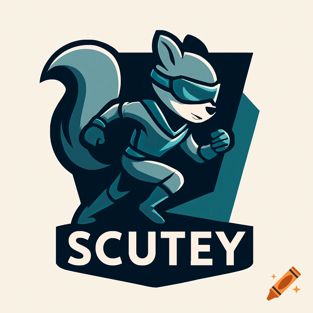 A cartoon grey squirrel-like character in a blue suit and goggles, running, with 'SCUTEY' text below, in a logo style.