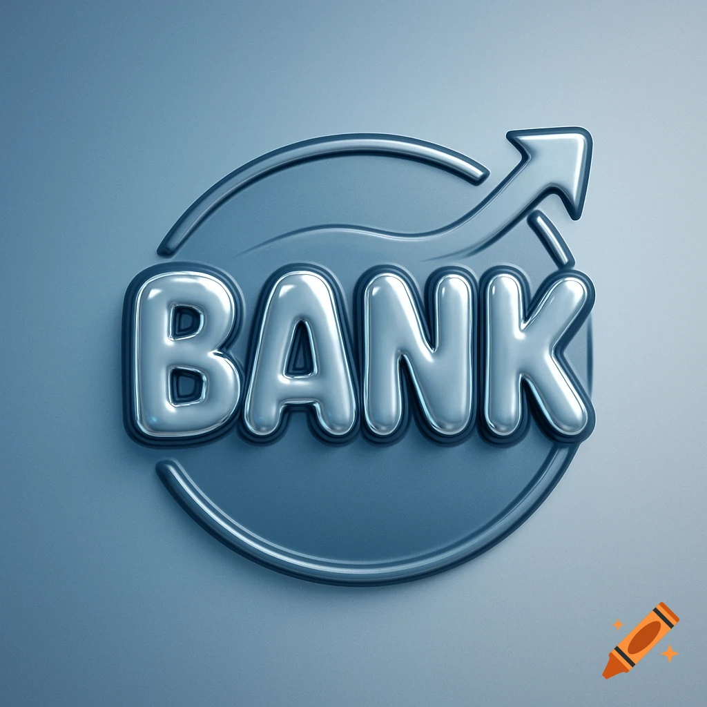 A logo with the word 'BANK' in shiny silver bubble letters, set within a blue circular emblem with an upward-pointing arrow.