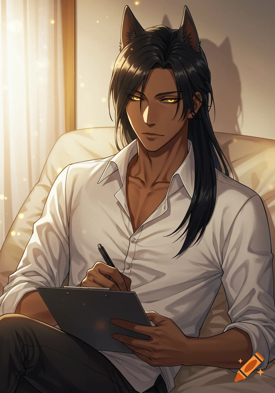 An anime man with tan skin, black hair, wolf ears, and glowing yellow eyes sits, holding a pen and writing on a clipboard.