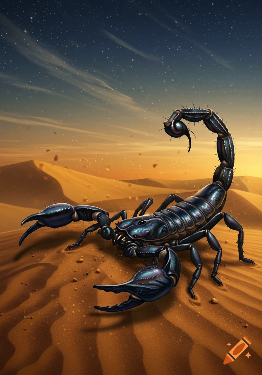 A close-up of a black scorpion with a shiny carapace standing on a sand dune under a starry sky.