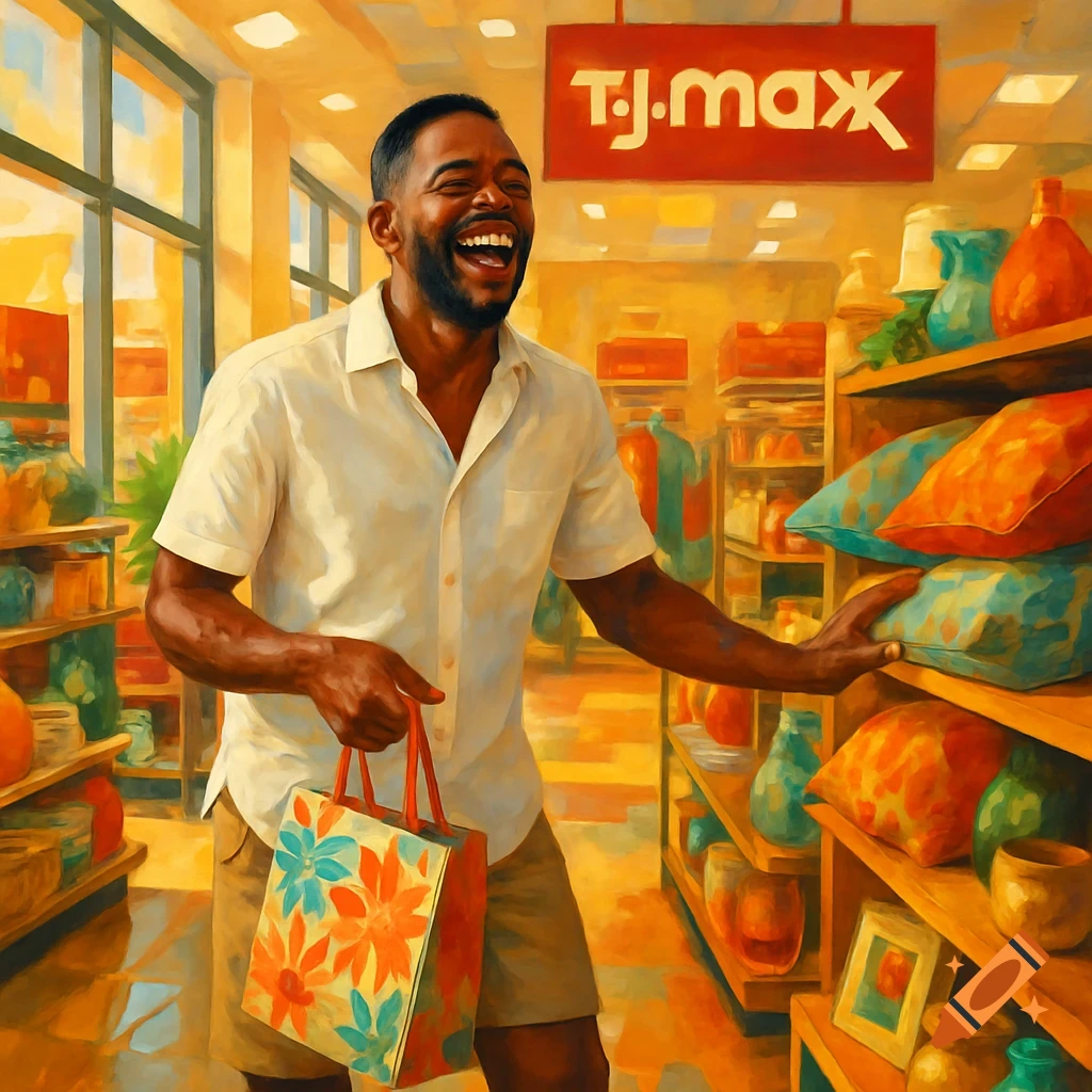 A laughing black man in a cream shirt and shorts stands in a TJ Maxx store, holding a floral shopping bag and looking at pillows on a shelf.