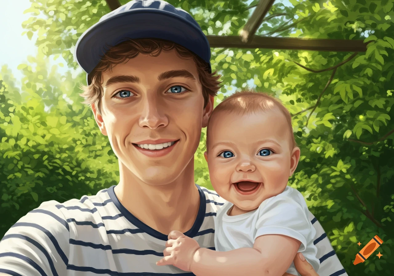 A man in a cap and striped shirt holding a smiling baby, both with blue eyes, taking a selfie outdoors against green foliage.