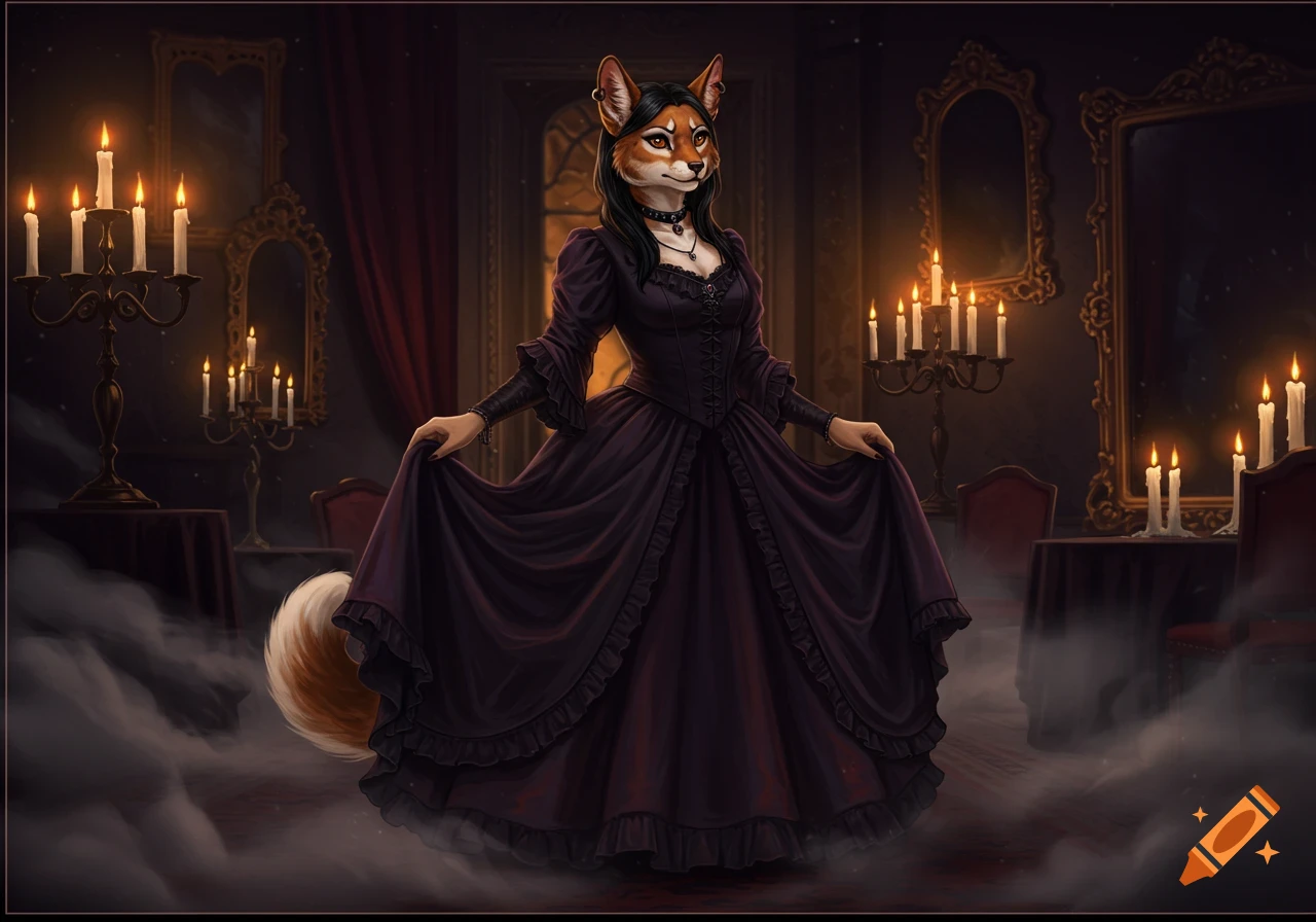 A fox-like furry character in a black gothic dress stands in a dimly lit, ornate room with candelabras and mirrors.