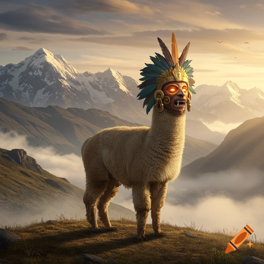 A photorealistic image of an alpaca wearing an ornate Inca-style golden mask with glowing eyes and feathers, standing on a mountain peak at sunset.