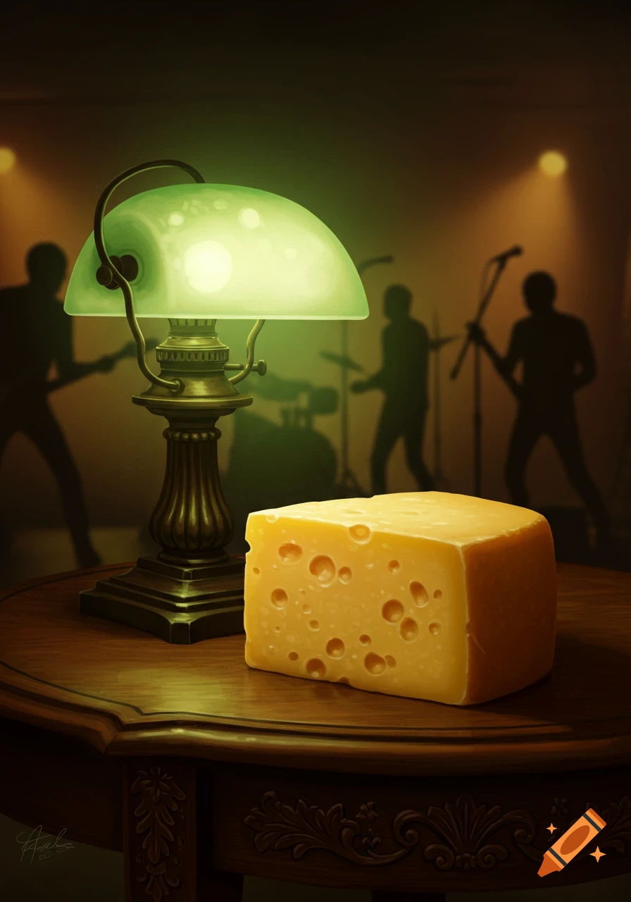 A green bankers lamp lights a block of cheese on a Victorian table with a blurry rock band in the background, dimly lit.