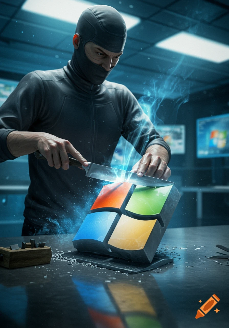 A person in a black balaclava holds a knife, appearing to sharpen it against a stylized, glowing Windows logo on a dark table, with blue smoke and sparks emanating from the contact point. Computer screens are visible in the blurry background.