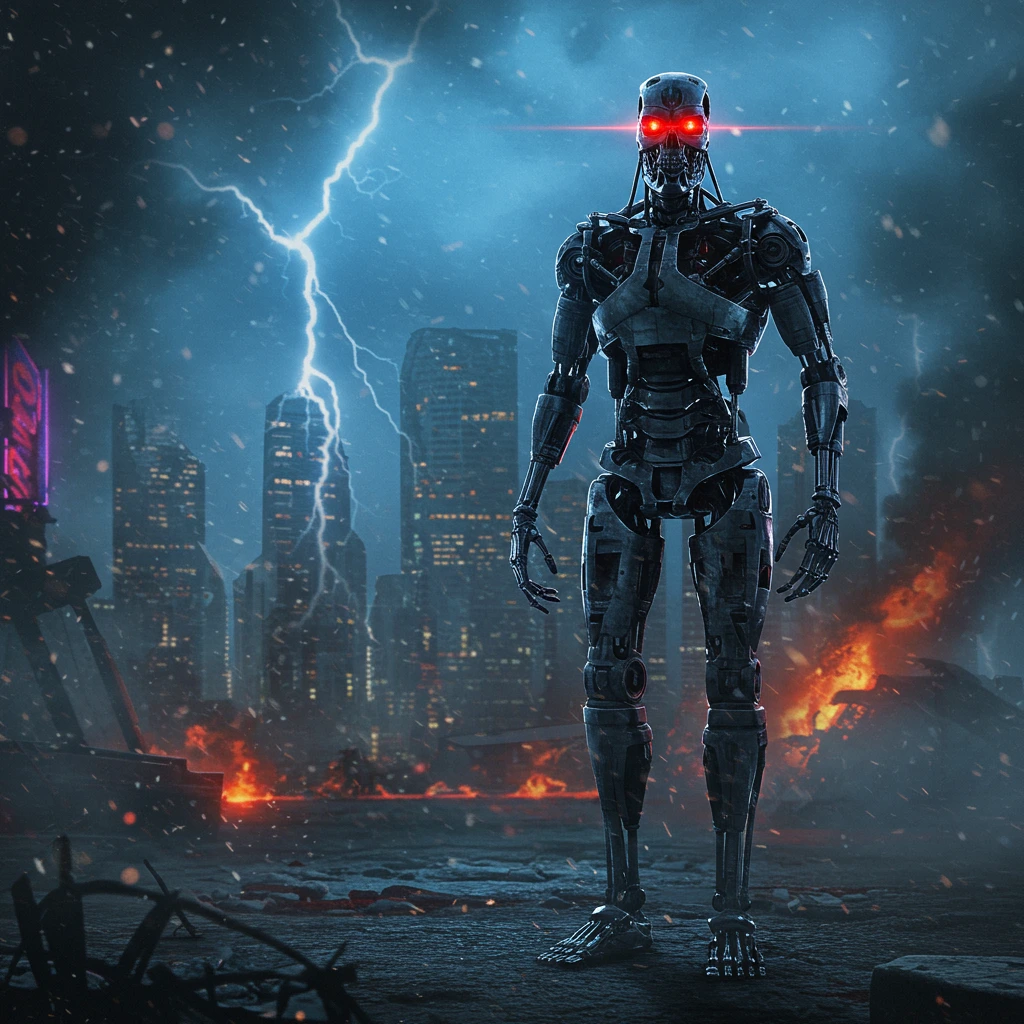 A photorealistic metallic robot with glowing red eyes stands amidst a destroyed city under a stormy, lightning-filled sky with fires.