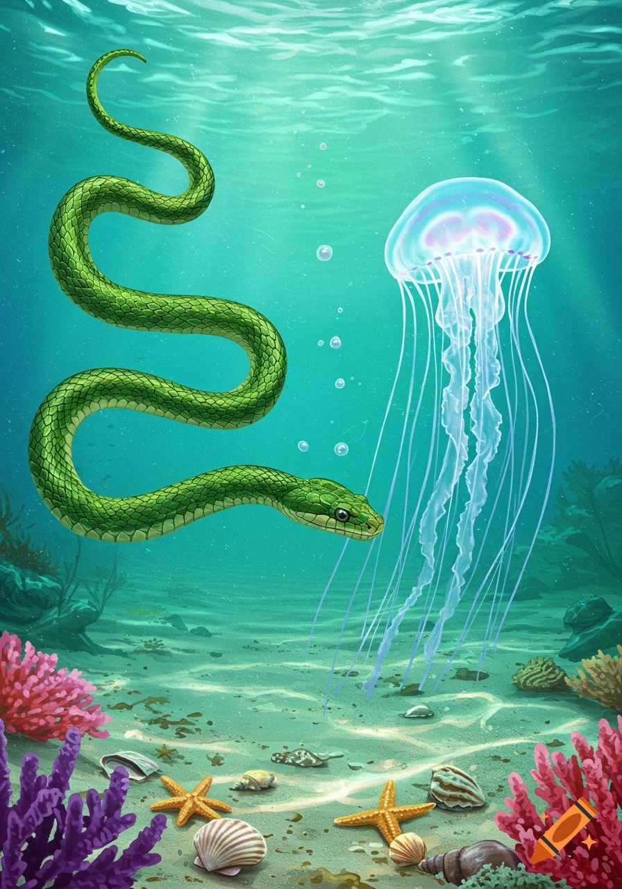 A green snake swims near a glowing jellyfish in a vibrant underwater scene with coral, seashells, and starfish on the seabed.
