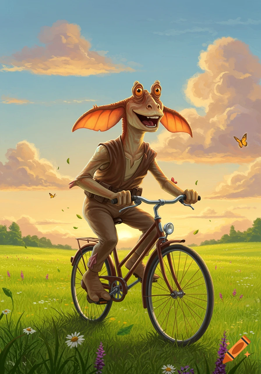 Jar Jar Binks happily rides a bicycle through a vibrant green field filled with flowers under a bright, cloud-dotted sky, illustrated.