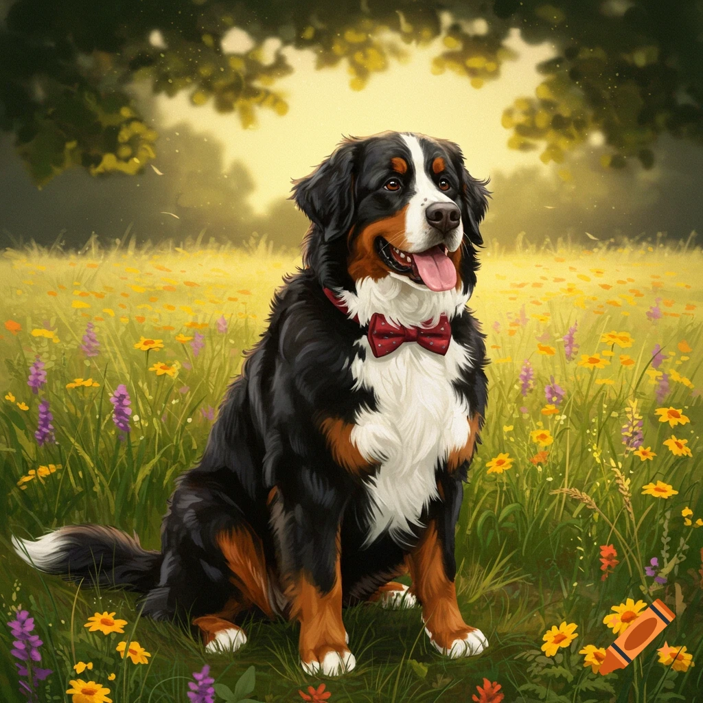 A Bernese Mountain dog with a red bowtie sits happily in a sunlit field of yellow and purple flowers.