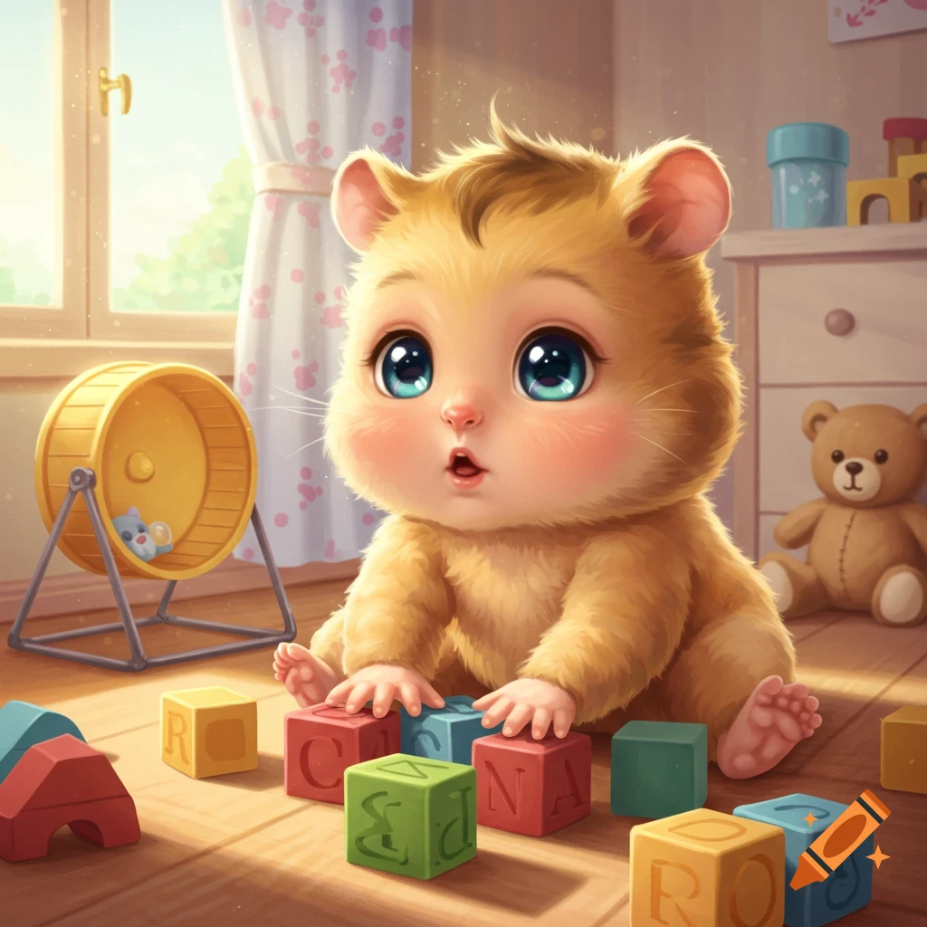 A cute, fluffy, cartoon baby hamster-human hybrid plays with colorful building blocks on a wooden floor in a sunny nursery.