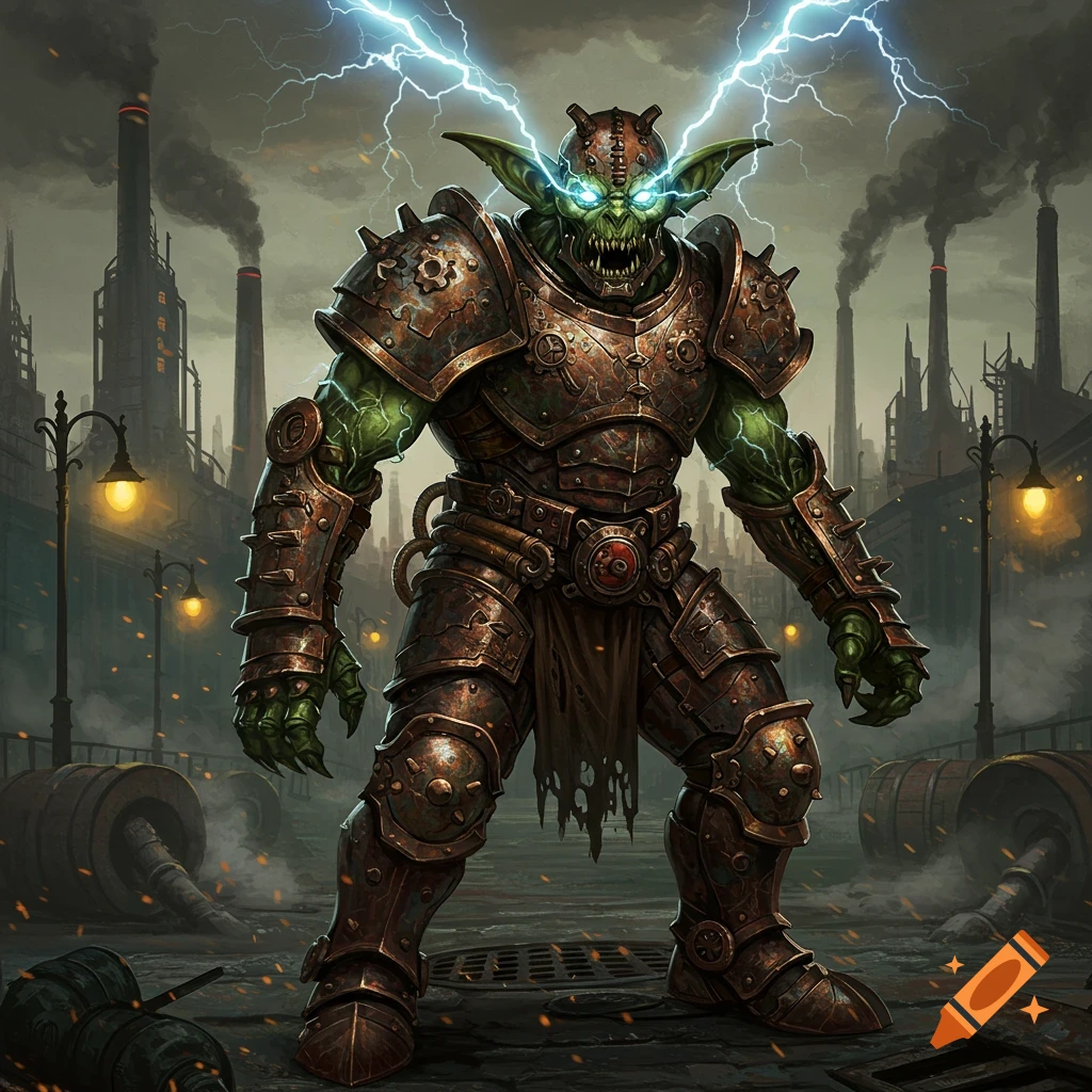 A steampunk goblin monster in rusted armor with glowing eyes and lightning, standing in an industrial cityscape.