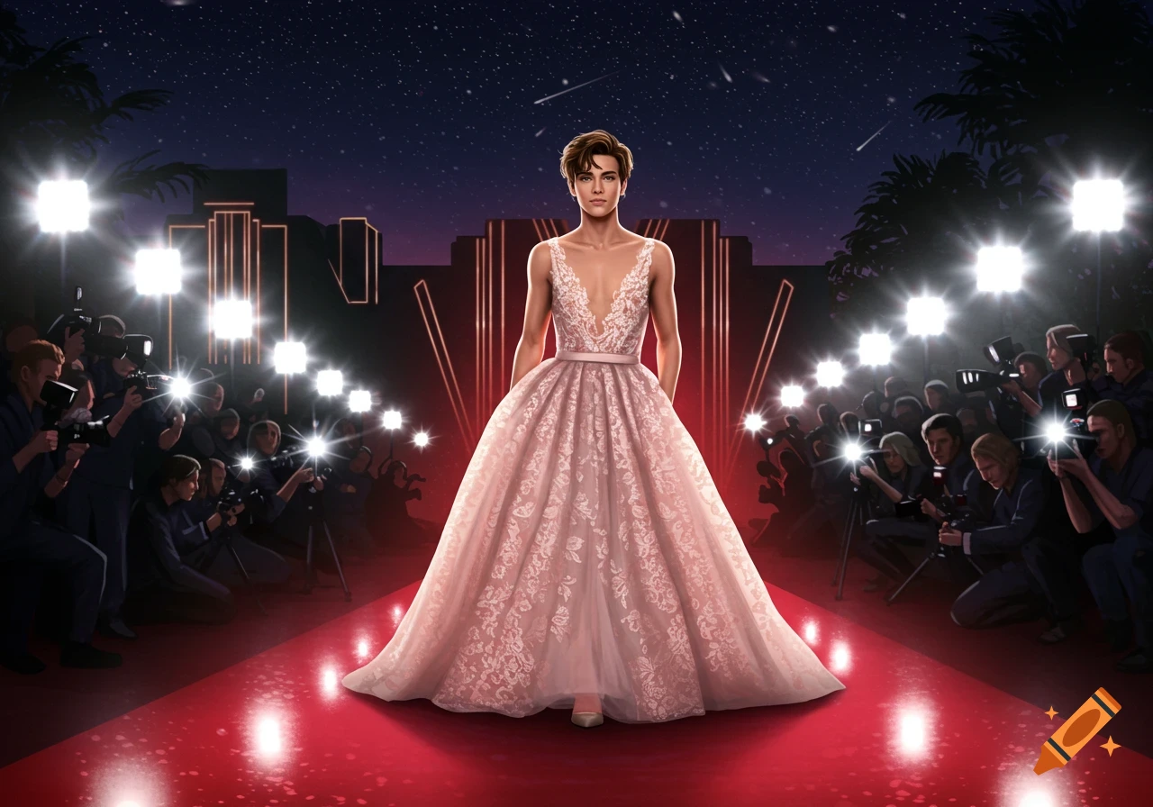 A teenage male in a pink lacy ball gown walks a red carpet as paparazzi flash cameras at night.