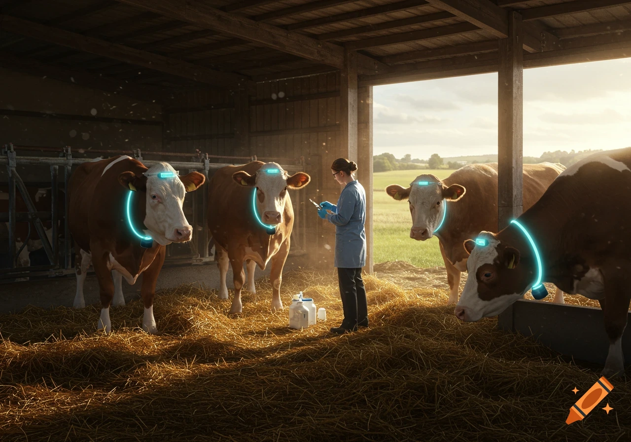 A person in a barn with cows wearing glowing smart collars, suggesting agricultural technology.