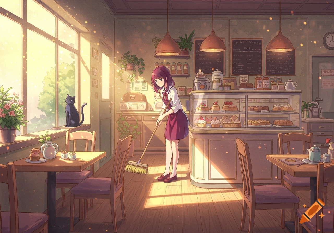 Anime-style illustration of a girl sweeping a sunny, cozy cafe while a black cat sits on the window ledge.