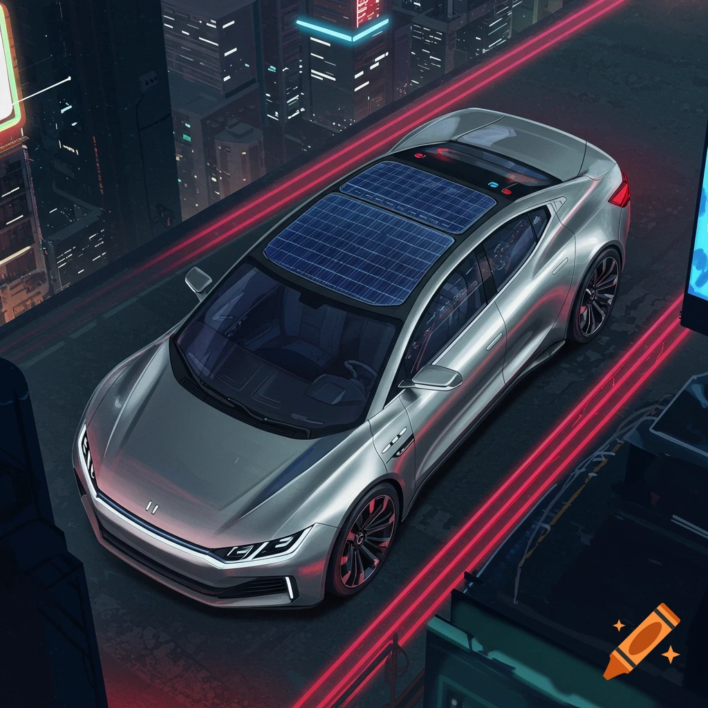 A sleek, silver futuristic car with solar panels on its roof, parked on a rooftop against a backdrop of a neon-lit cyberpunk city at night.