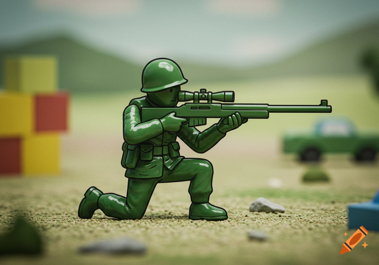 A cartoon, thick outlined green toy army man kneels, holding a sniper rifle, in a grassy outdoor setting with blurred toy blocks and a car in the background.
