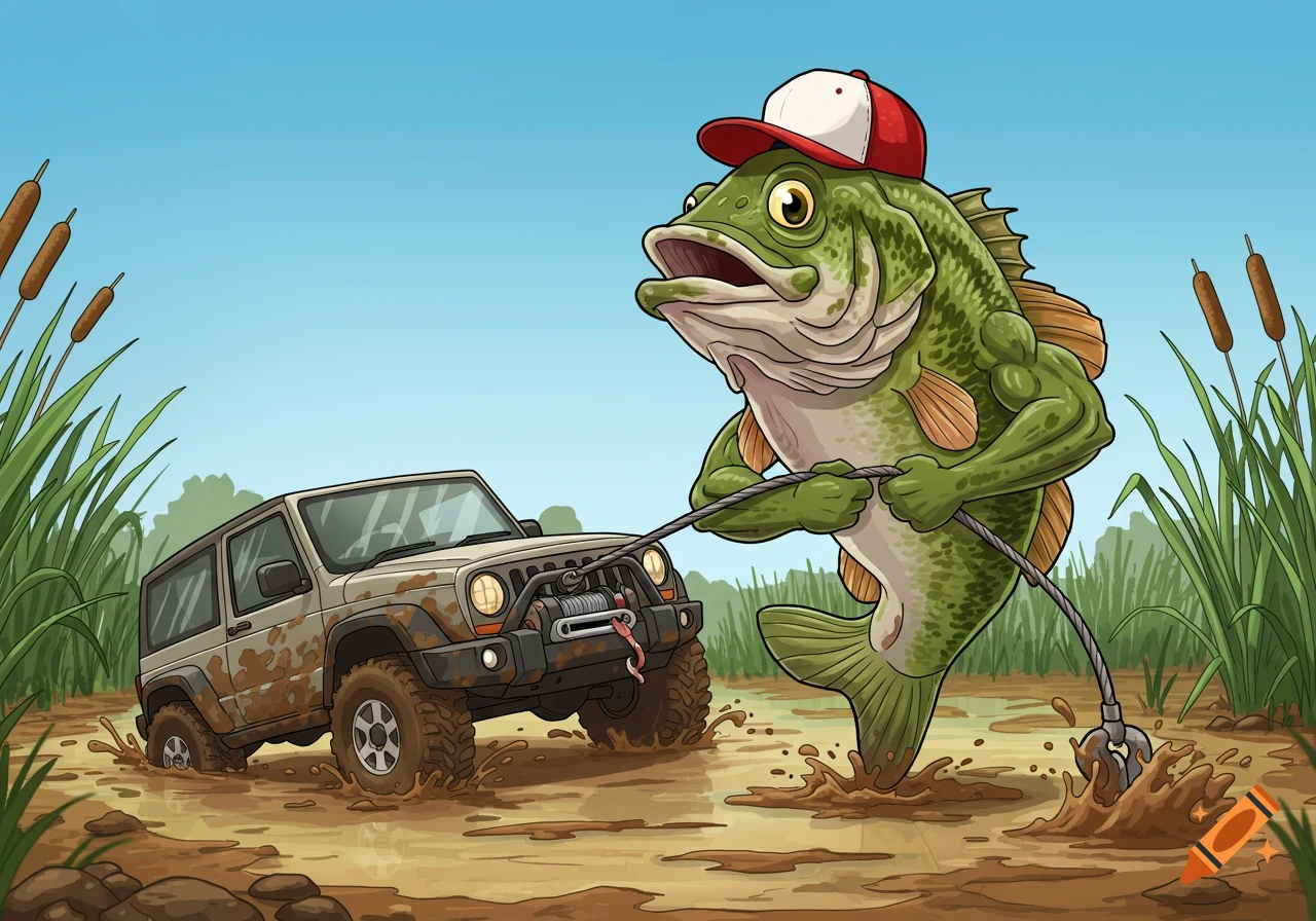 A cartoon largemouth bass wearing a red and white trucker hat pulls a muddy beige Jeep out of a bog with a winch cable, splashing mud.
