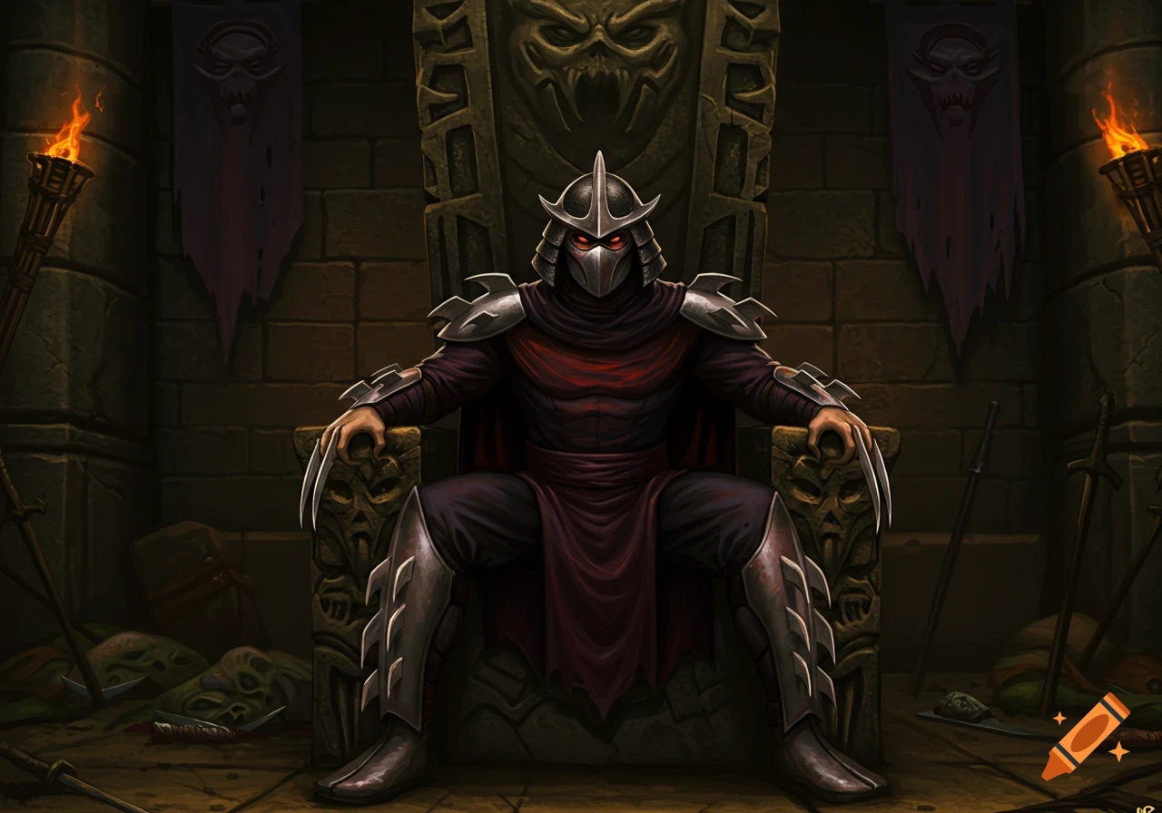 Shredder, a masked armored villain, sits on a stone throne in a dark dungeon chamber, with defeated figures on the floor.