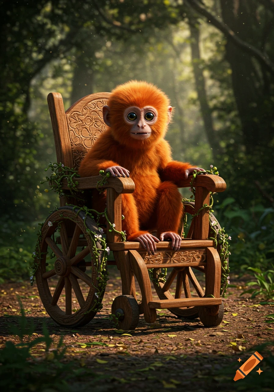 An adorable fluffy orange monkey with large eyes sits in a rustic wooden wheelchair adorned with vines, in a sun-dappled forest.
