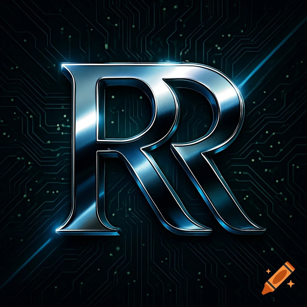 A metallic, chrome-like double 'RR' logo with blue reflections, set against a dark background with glowing circuit board patterns.