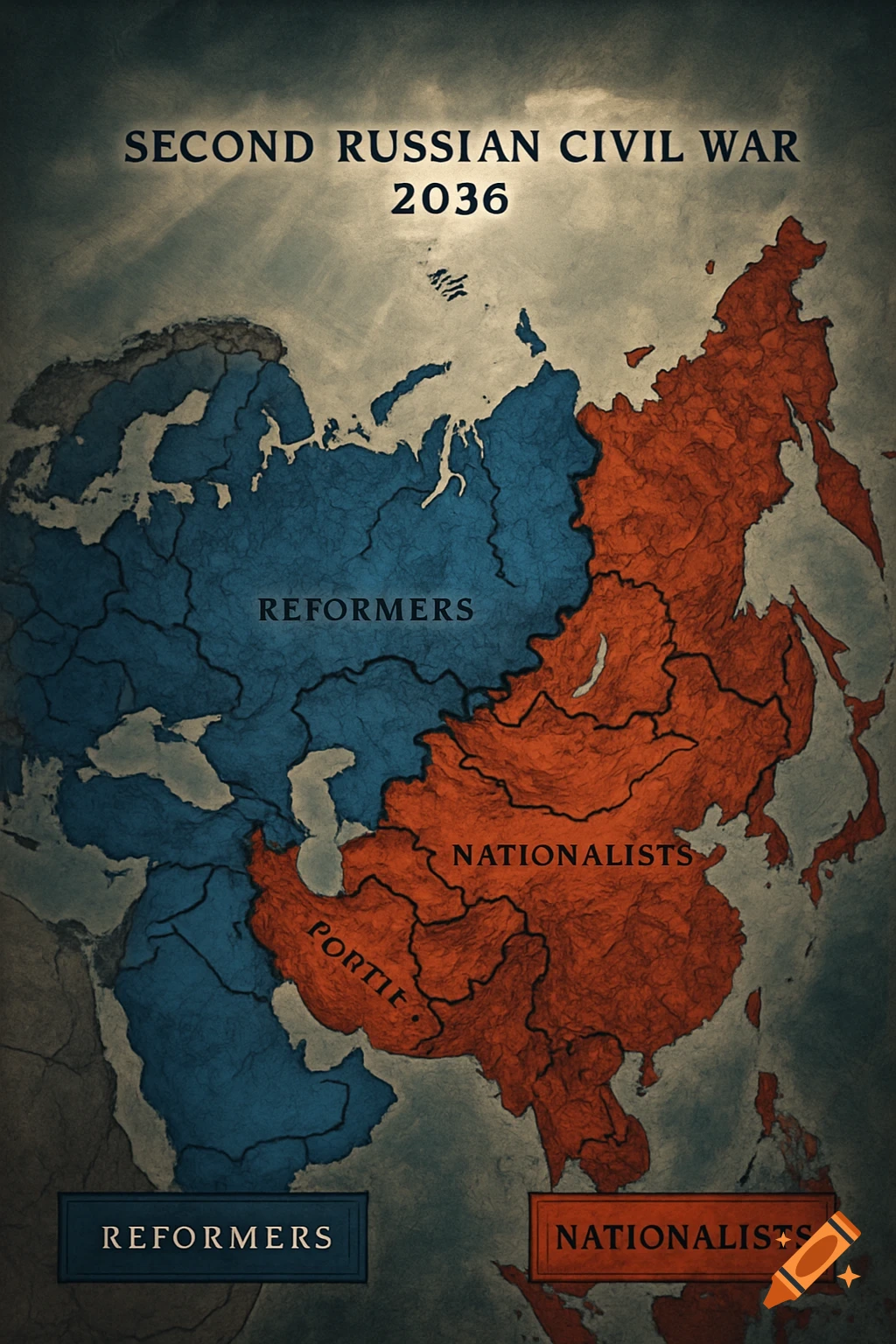 A stylized map titled 'Second Russian Civil War 2036', showing Russia and surrounding regions divided into blue 'Reformers' and orange 'Nationalists' territories.