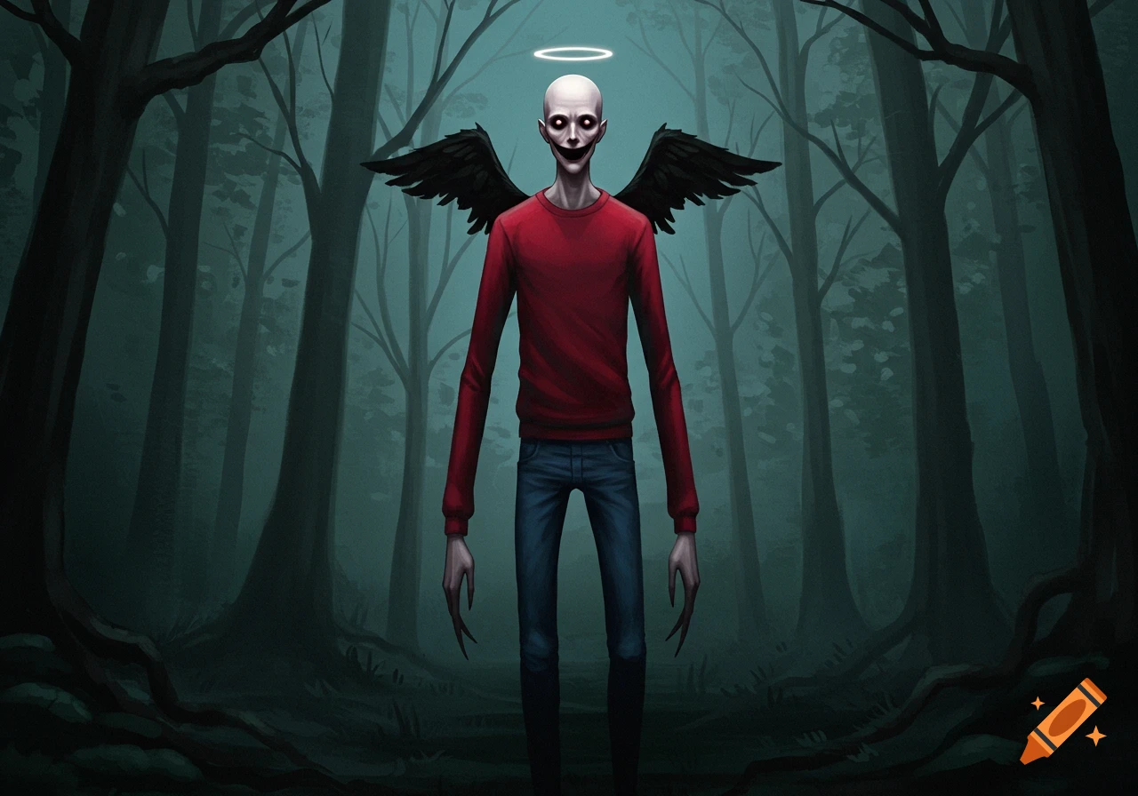 A bald, pale, creepy creature with black wings and an evil smile stands in a dark, misty forest, wearing a red sweater and blue jeans.