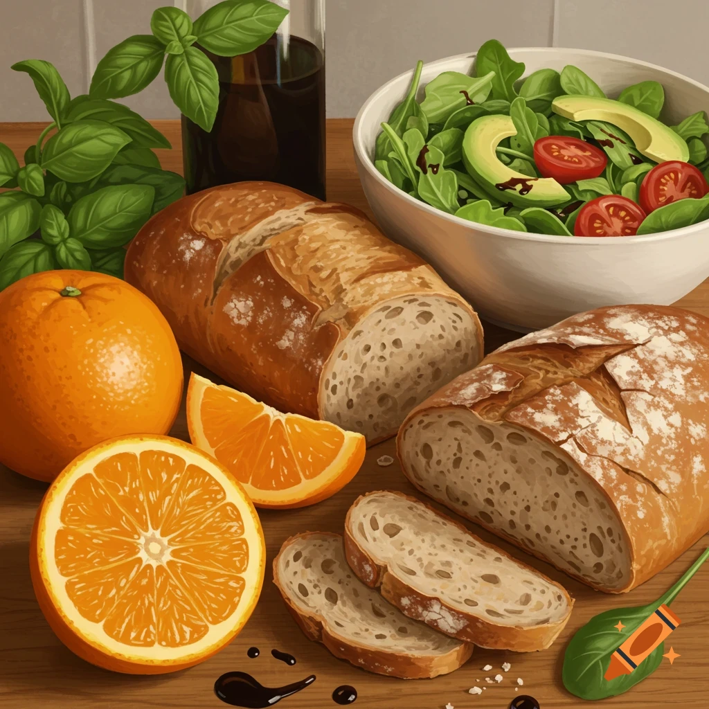 Photorealistic still life of fresh baked bread, sliced oranges, a green salad, and basil on a wooden table.