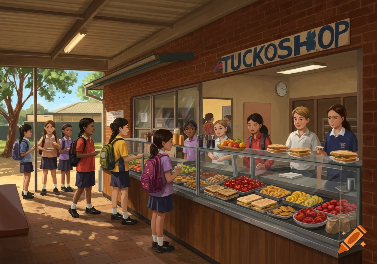 Students line up at a busy school tuckshop counter, selecting food from a display case filled with sandwiches, fruit, and snacks.