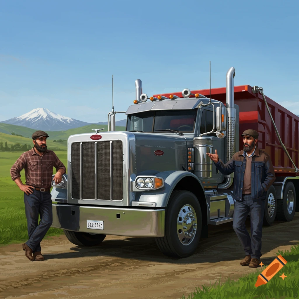 Two men stand beside a large gray Peterbilt dump truck on a dirt road, with a snowy mountain in the background under a blue sky. Photorealistic style.