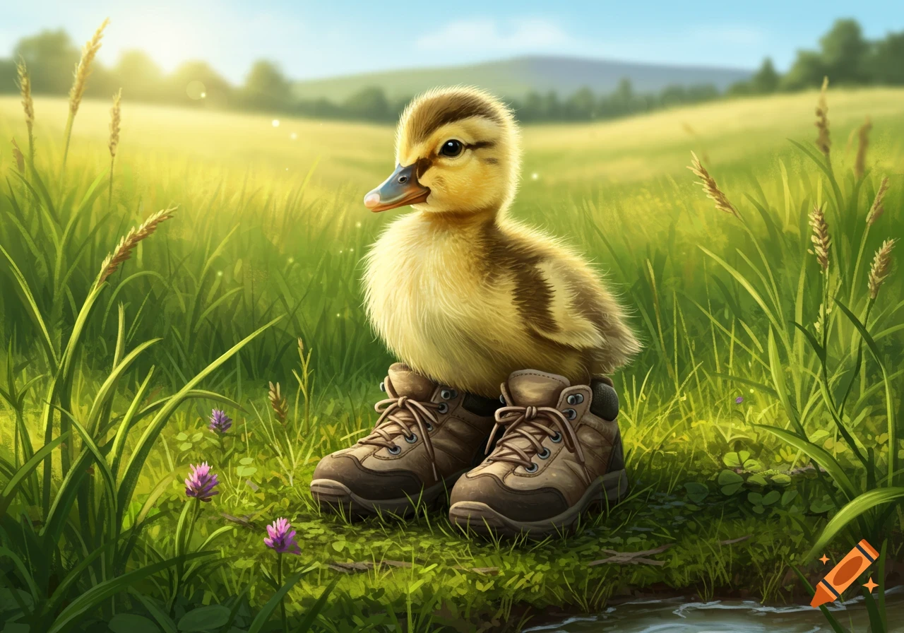 A fluffy baby Mallard duck wearing brown hiking boots stands in a sunny green field with tall grass and purple flowers.