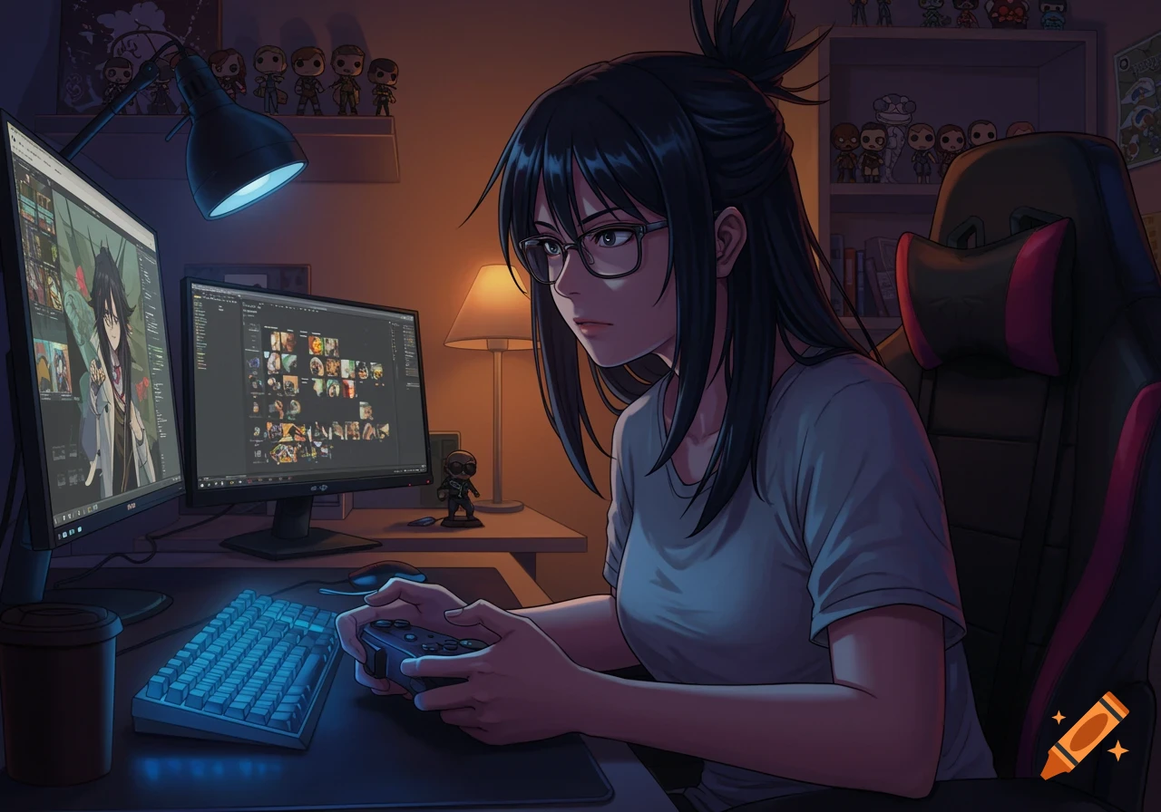 An anime girl with dark hair and glasses sits in a gaming chair, holding a controller, in a dimly lit room with multiple monitors.