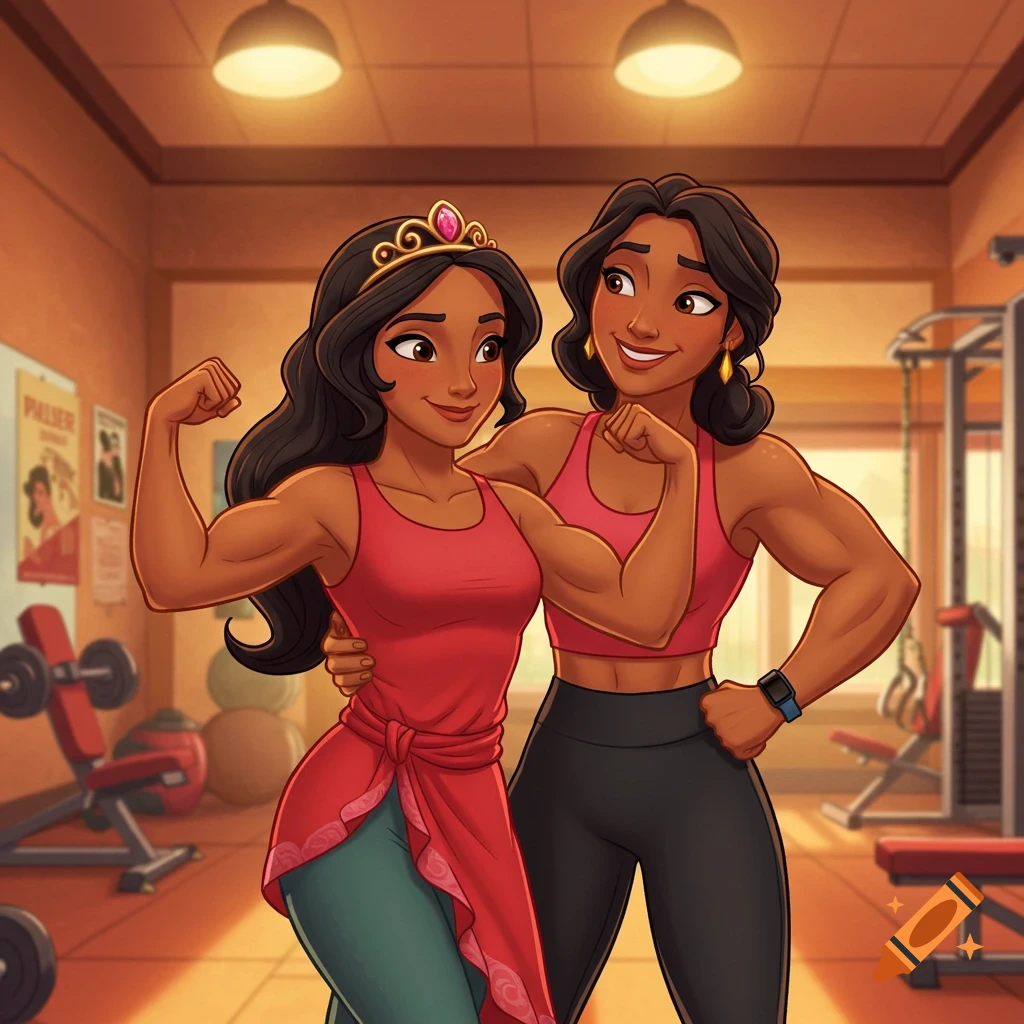 Two animated women, one wearing a tiara, flex their strong muscles in a colorful gym, in a Disney Junior art style.