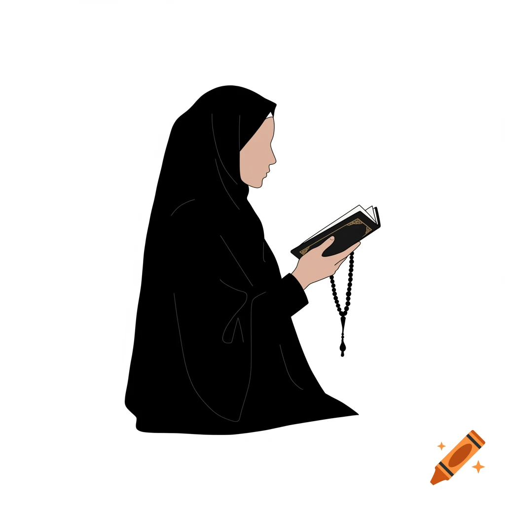 Clipart of a Muslim woman in black clothes, in profile, reading an open book and holding prayer beads.