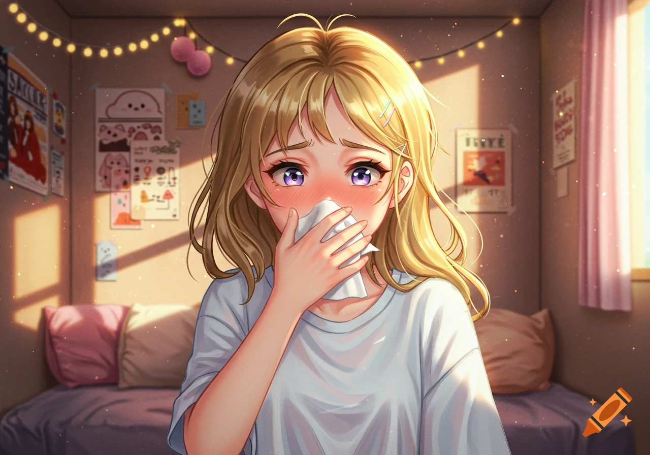 An anime girl with blonde hair covers her mouth with a tissue, blushing, while sneezing in her sunny bedroom.