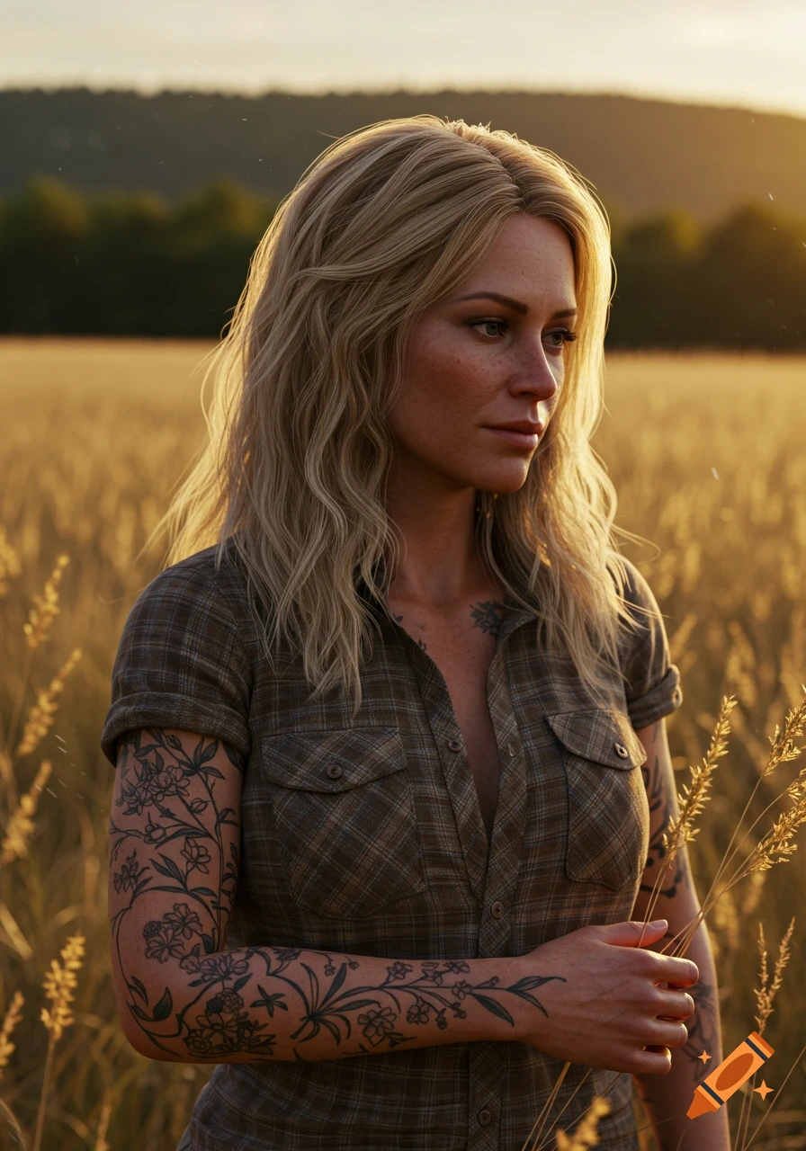 Photorealistic portrait of a blonde woman in a plaid shirt with floral arm tattoos, standing in a golden wheat field at sunset.