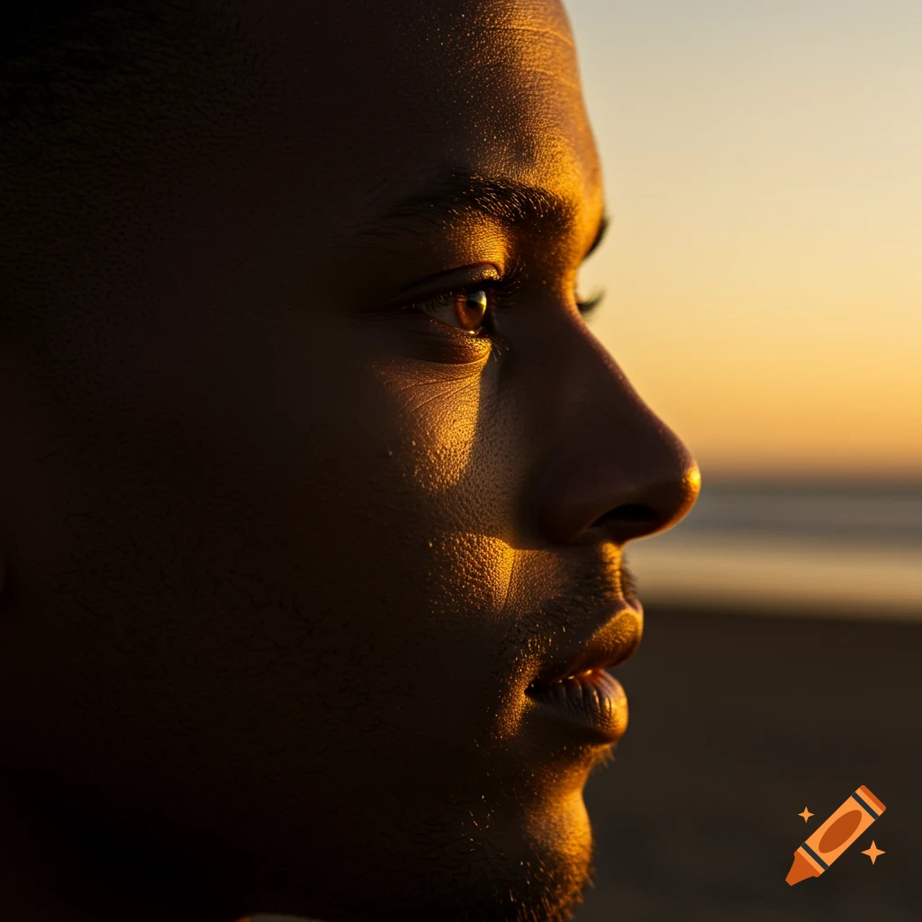 Close-up profile of a person's face, illuminated by golden sunset light, looking out.