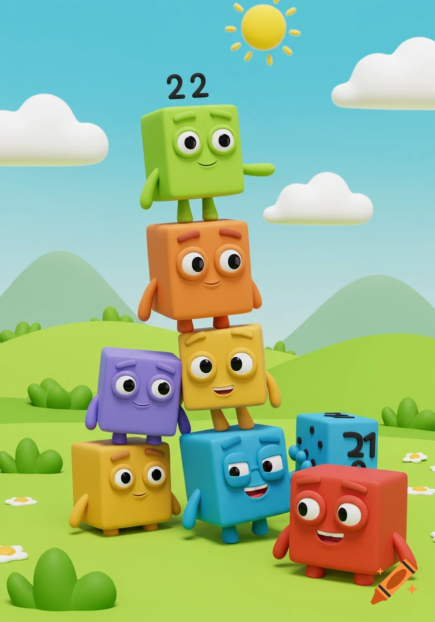 Colorful 3D cartoon block characters stacked in a grassy landscape with clouds and a sun. The top green block has '22', and a blue block has '21'.